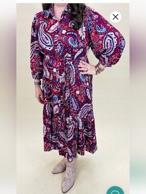 Umgee Shirt Dress Paisley Tie-Waist Midi Dress Size Small NWT